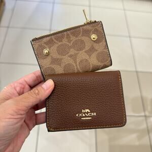 Coach CZ034 Card Holder Wallet In Blocked Signature Canvas In Tan/Brown